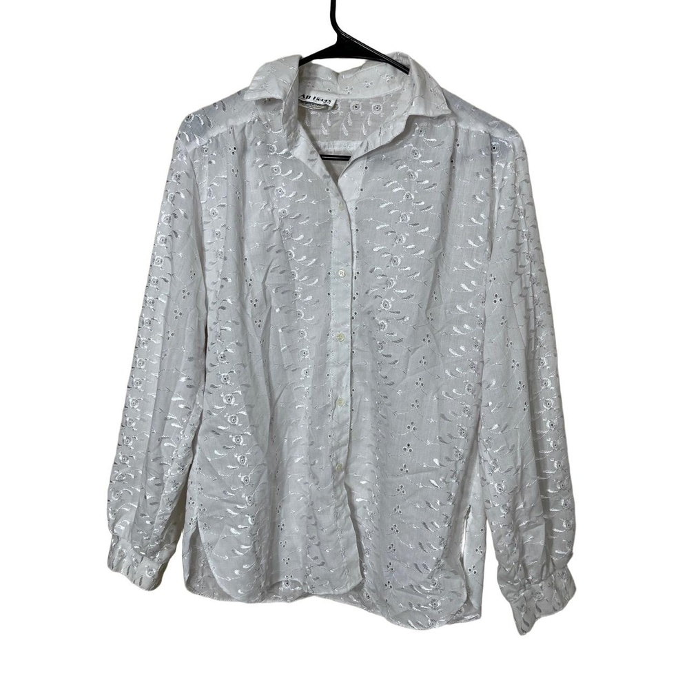 Vintage All Hours Womens White Embroidered Eyelet Shirt Bohemian Cottagecore